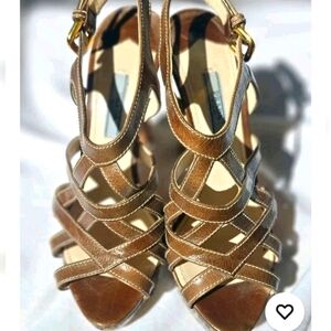 PRADA Brown Leather Caged Sandals Striped Wooden Heels Ankle Strap 36.5/6.5 Flaw